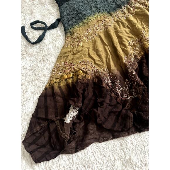 Fairy Fairycore Embroidered Handkerchief Smocked Bodice Halter Dress Mini Vneck - Picture 7 of 10